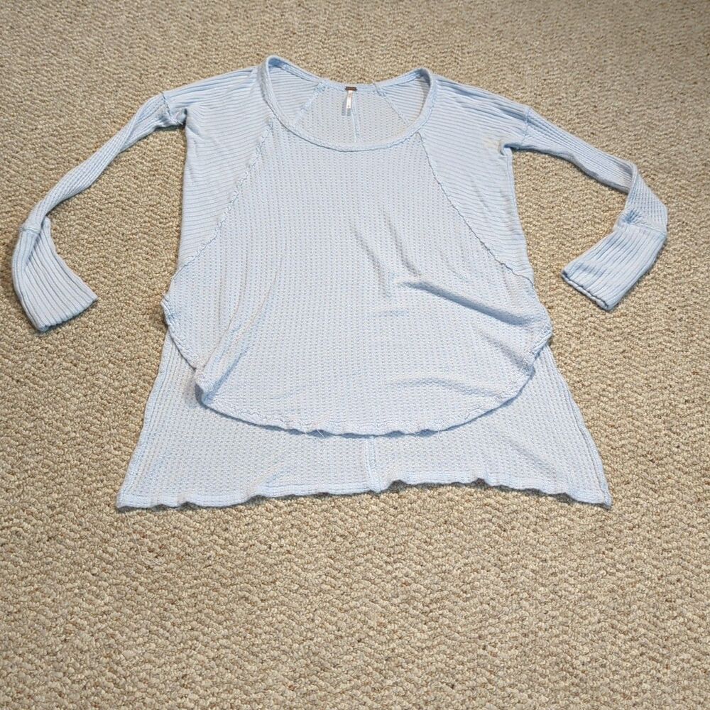 Free People Ventura Waffle Knit Top XS Light Blue Thermal Hi Low Long Sleeve